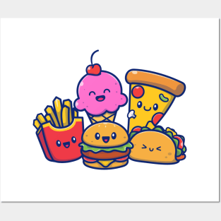 Cute Burger With Taco, French Fries, Pizza, And Ice Cream Posters and Art